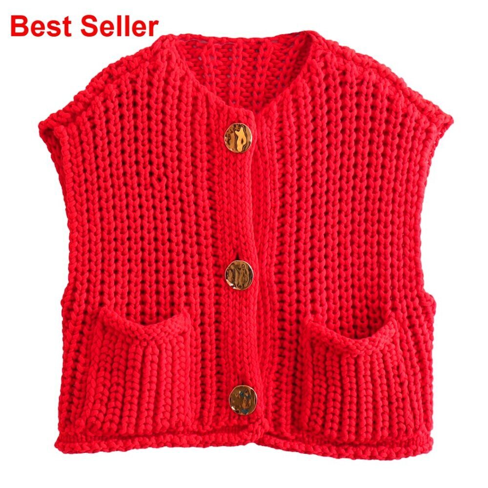 Sleeveless Crop Knit Cardigan Vest with Pockets Casual Button Down